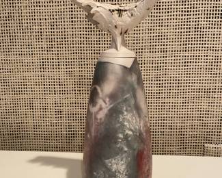 Carla Teer 10" Signed Ceramic Thrown Jar with her Signature Miniature Rooster Top made of Thin Clay Slabs.