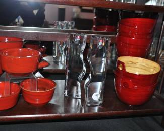 Additional Rare Ceramic Mid Century Pieces by Gerard Hofmann, Six 4.5"  Bowls with Handles Shown with a Pair of Stunning Italian "Pari" 8.5" Crystal Candlesticks by Tiina Nordstrom and Red Lacquer Rice Bowls