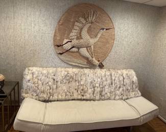 Fabulous Retex Sleeper Sofa, Made in the UK .  Shown With Mid Century Modern Don Freedman "Majestic Flight" Bird Tapestry Wall Hanging, Signed and Numbered 6504, 48".