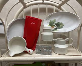 A Trio of Midwinter England White Pottery Accessories Shown with an Okra Silicone Nonslip Oven MIT and a Valori "Spinaci" 11.5" Dish.