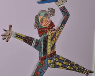 Local Artist Pat Custer Denison Signed Folding Sculpture on Wood with Hand Painted Porcelain Tiles 45"H x 28"