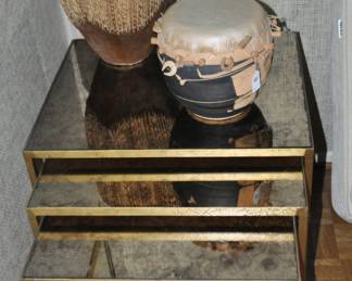 Mid Century Set of 3 Contemporary Satin Brass and Smokey Black Glass Nesting Tables Ranging in Size, 32.75H, 22.25"H and 20.5"H