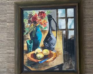 Beautiful Mid Century Modern Still Life Painting Signed by J. Amiot (b.1920, France) 26.5"W x 30.5
