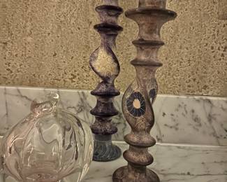 Pair of Soap Stone Candlestick Holders, 14" & 10.5" Shown with an Art Glass Vase.