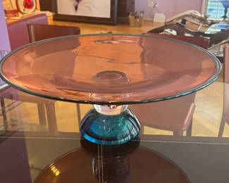 Unbelievable Christopher Constantin & Kathleen Young Signed & Numbered  Art Glass Centerpiece. Features a Blue Rimmed Magenta Plate with a Clear Spherical Stem sitting on a Cerulean Blue Base. 19.5"W x 8.25"