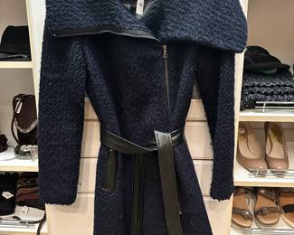 Stunning Cole Haan Asymmetrical Boucle Wool Blend Coat in Navy/Black with Faux Leather Belt and Trim, Size 8.