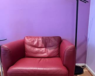 Amazing Red Leather Roche Bobois "Pop" Club Chair, One of Two Available, 32"L x 32" D x 24"H. Shown with a Contemporary 50" Black Floor Lamp.