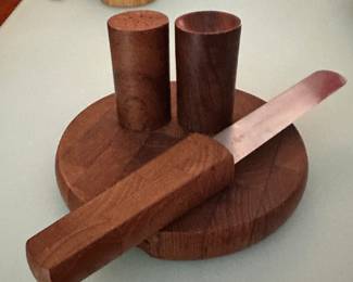 Wonderful Vintage Dansk Teak Cutting board with Inset Knife (Two Available), Shown with Teak Salt & Pepper Shakers.