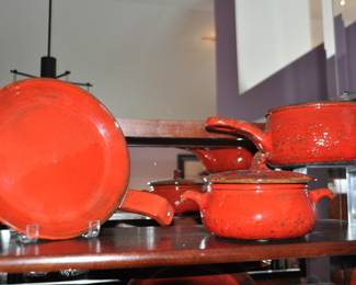 Very RARE Mid Century Ceramic Ox Blood Serving  Plate 9.5” with Handle by French Artist Gerard Hofmann (1917-1965) Shown with a  6.5" Covered Casserole and a 7.25 Serving Vessel with Handle