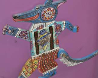 Whimsical Pat Custer Denison (b.1948, Michigan Artist) Folding Sculpture on Wood with Hand Painted Porcelain Tiles, 25" x 26"