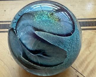Up Close View of the Vintage Robert Eickholt Dichroic Glass Paperweight, Layered Glass Hues of Soft Blue, Clear with a Metallic Sparkle.  3.25"