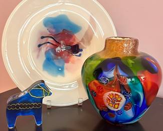 More Amazing Art Glass Including a 14" Studio Glass Centerpiece Bowl, a 4.5" Solid Glass Horse signed Figurine and a 9"H . S. Puccini Murano Art Glass Vase, 9"h x 7.25".