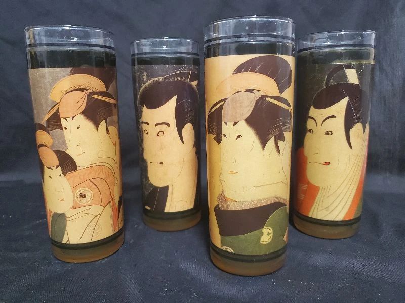 Set of 4 Rare Vintage Japanese Kabuki Art Glasses