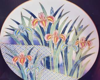 Vintage Mid Century Toyo Japan 12” Plate Blue & Red Iris's with Plaid gold leaf.