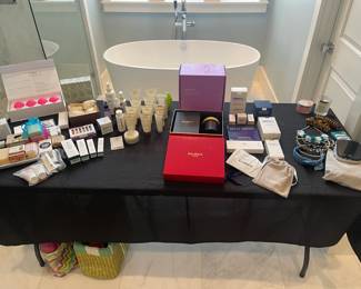 Table full of New skin care products. 