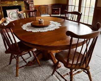 Oak Pedestal Table & Chairs (pictured w/2 leaves)