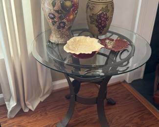 Pair of two matching metal base side tables with glass tops