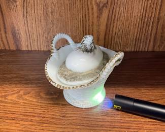 Uranium Glass - Westmorland Opeline Milk Glass Chick in Basket Covered Dish