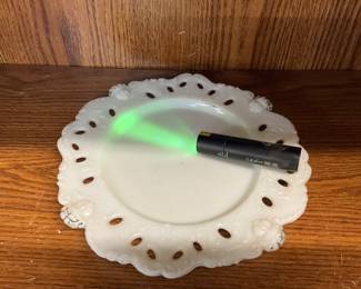 Uranium Opaque Milk Glass Plate - Raised Lace Design with Cherubs