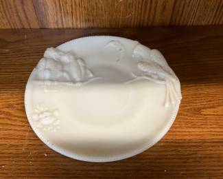 Uranium Glass Westmorland Opalescent Milk Glass Plate - Embossed Owls/ Parrot / Floral Detail