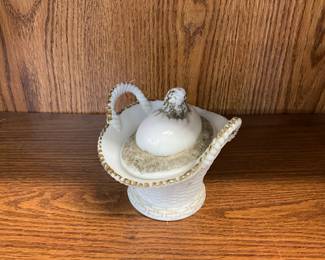 Uranium Glass - Westmorland Opeline Milk Glass Chick in Basket Covered Dish