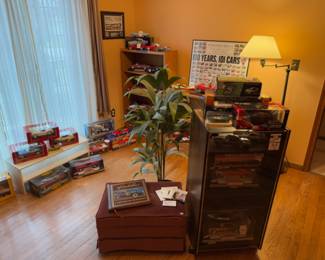 Danbury Mint 1957 Chrysler 300C, o	Pink Ottoman
Artificial Coconut Plant, Bookcases, Swivel Arm Floor Lamp
