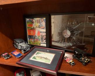 Framed pictures, model cars