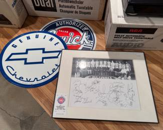 Signed Detroit Pistons team picture, Chevrolet signs