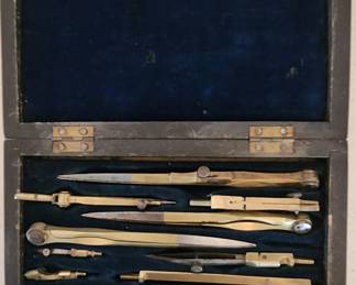 antique drafting tools with case