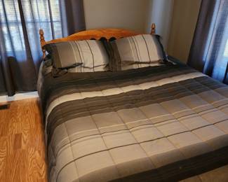 QUEEN BED, MATTRESS AND BOX SPRINGS, BEDDING