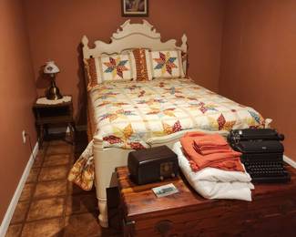 QUEEN VINTAGE BED, MATTRESS BOX SPRINGS, BEDDING, CEDAR CHEST