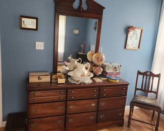 Dresser and Mirror, Needlepoint Chair, Pitcher and Bowl, Cedar Box, Gone with The Wind LAmp