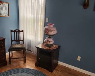 Vintage Quoizel Light Pink Glass Hurricane Lamp Works, End/ Night Tables Set, Needlepoint Chair, HAnd Braided Rug