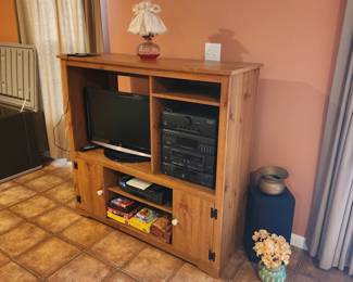 TV Cabinet, Pioneer Stereo with Speakers, VHS player, TV, Spittoon