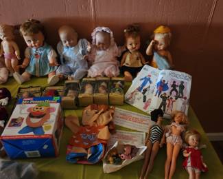 VINTAGE DOLLS, KISSY FACE, PEE WEE, PEBBLES AND BAMM BAMM, COLGATE, BUBBLES CONTAINERS, THE MUMMY, PEBBLES, BAMM BAMM, SANTA, SMOKEY THE BEAR, FIRE TRUCK,