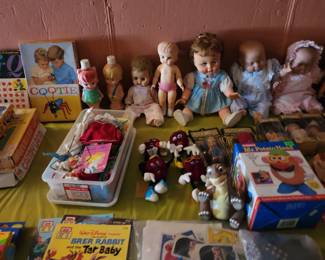 VINTAGE DOLLS, KISSY FACE, PEE WEE, PEBBLES AND BAMM BAMM, COLGATE, BUBBLES CONTAINERS, THE MUMMY, PEBBLES, BAMM BAMM, SANTA, SMOKEY THE BEAR, FIRE TRUCK,