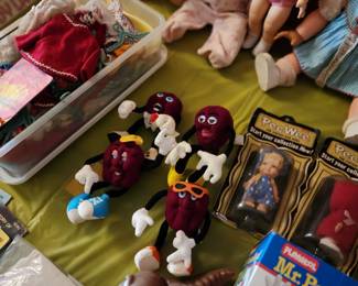 VINTAGE DOLLS, KISSY FACE, PEE WEE, PEBBLES AND BAMM BAMM, COLGATE, BUBBLES CONTAINERS, THE MUMMY, PEBBLES, BAMM BAMM, SANTA, SMOKEY THE BEAR, FIRE TRUCK,