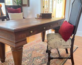 -SOLD DESK- Antique Library Table/Desk with tapered legs and 2 Burlwood concave drawers 
Antique Carved Mahogany King Desk Chair with linen and painted finishes
Antique Rug 