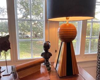 - SOLD- MCM Wood Danish lamp with Black Corduroy shade. 
Vintage Wood Stained glass Kaleidoscope 
Black Marble Bust  