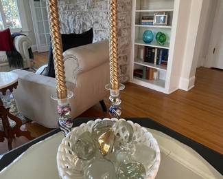 Pierced Milk Glass basket 
Misc collection of Glass bottle stoppers 