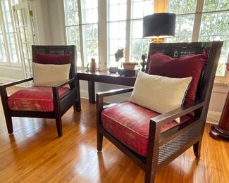- Custom finish Ralph Lauren Style Wing Chairs, Oxblood Red Leather seats & Double Cane Wingbacks
Velvet Decorative pillows 