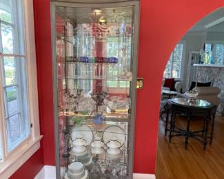 (2) Vintage Curio with etched glass doors, lighted, and finished in pale matte silver. 
30"wide x 13"deep x 80"tall 