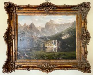 Large Oil painting, signed 
Mountain Lake Waterfall 
Frame 63"long 51"tall overall 
Image 47.5"wide 35.5"tall 
Extends 5.5"
