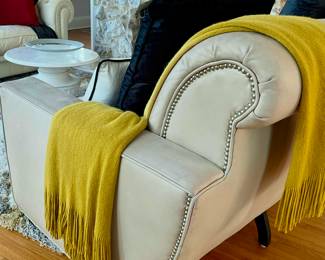Detail pic, Vintage Larry Lazlo for Directional occasional chairs in Pearl Patina sueded leather. 
Black/Frost Velvet decorative pillows. 
Black Lacquer legs. Chrome Studs 