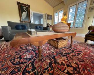 - Antique Antique Cannage table with turned legs
- Large Heriz Persian Rug 
- Large Native American Indian woven lidded basket. 