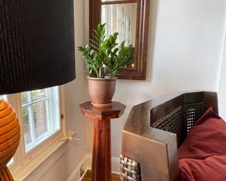 Wonderful fluted wood pedestal 
Burlwood beveled mirror 