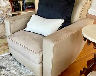 Vintage Larry Lazlo for Directional occasional chairs in Pearl Patina sueded leather. 
Black/Frost Velvet decorative pillows. 
Black Lacquer legs. Chrome Studs. 