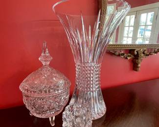 Waterford Lismore Diamond Cut
Lead Crystal Vase 9 1/4" x 14"
Tiffany Crystal votive 
