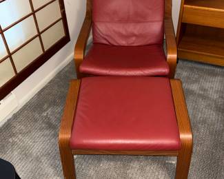 Vintage leather Poang chair with ottoman.