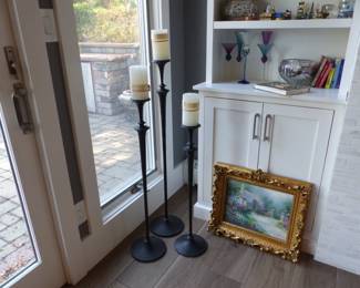 Tall metal candle holders, framed & signed picture, bric-a-brac